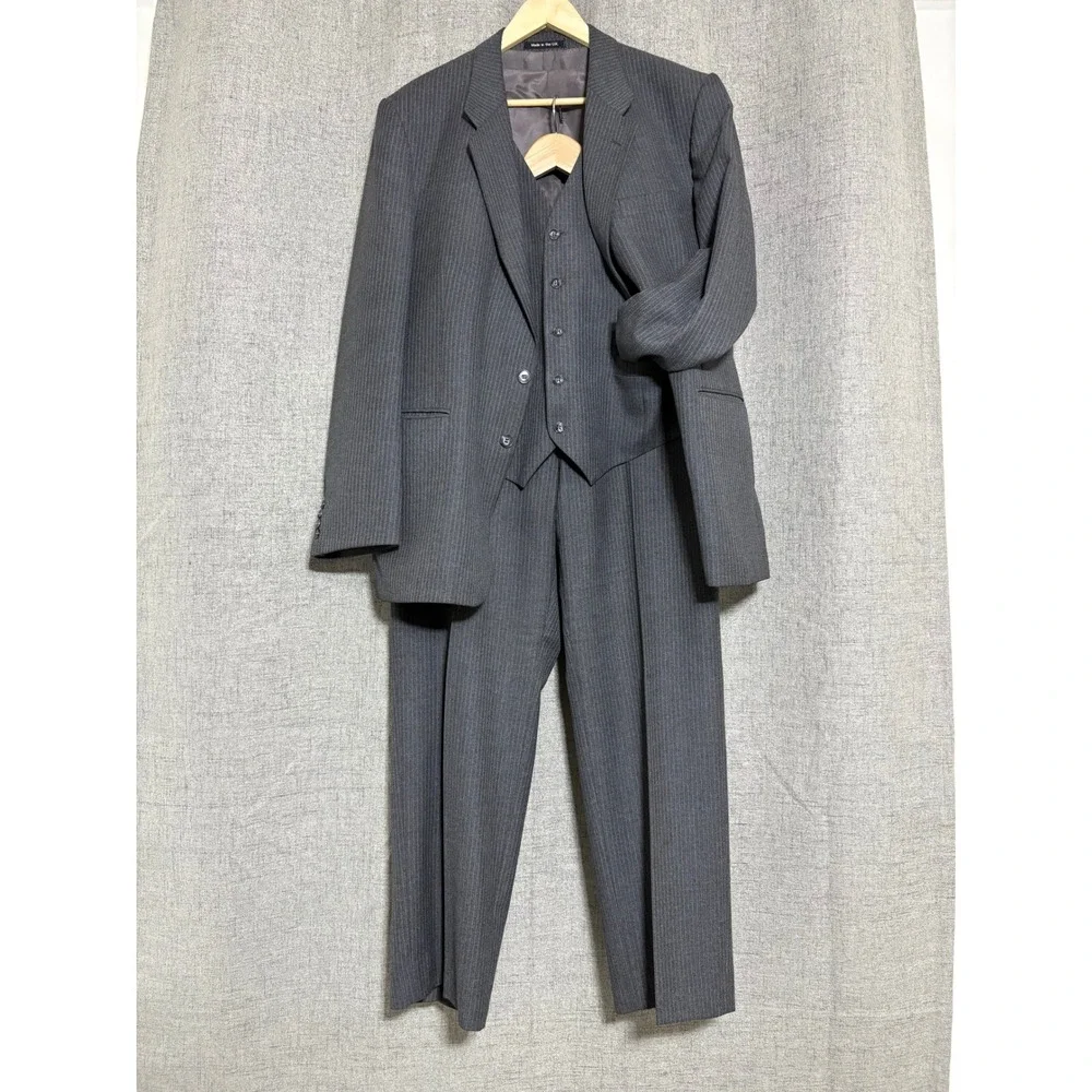Vtg St Michael Men Pinstripe Suit 42R* 3 Piece Wool Gray Jacket Vest Pant 40x29